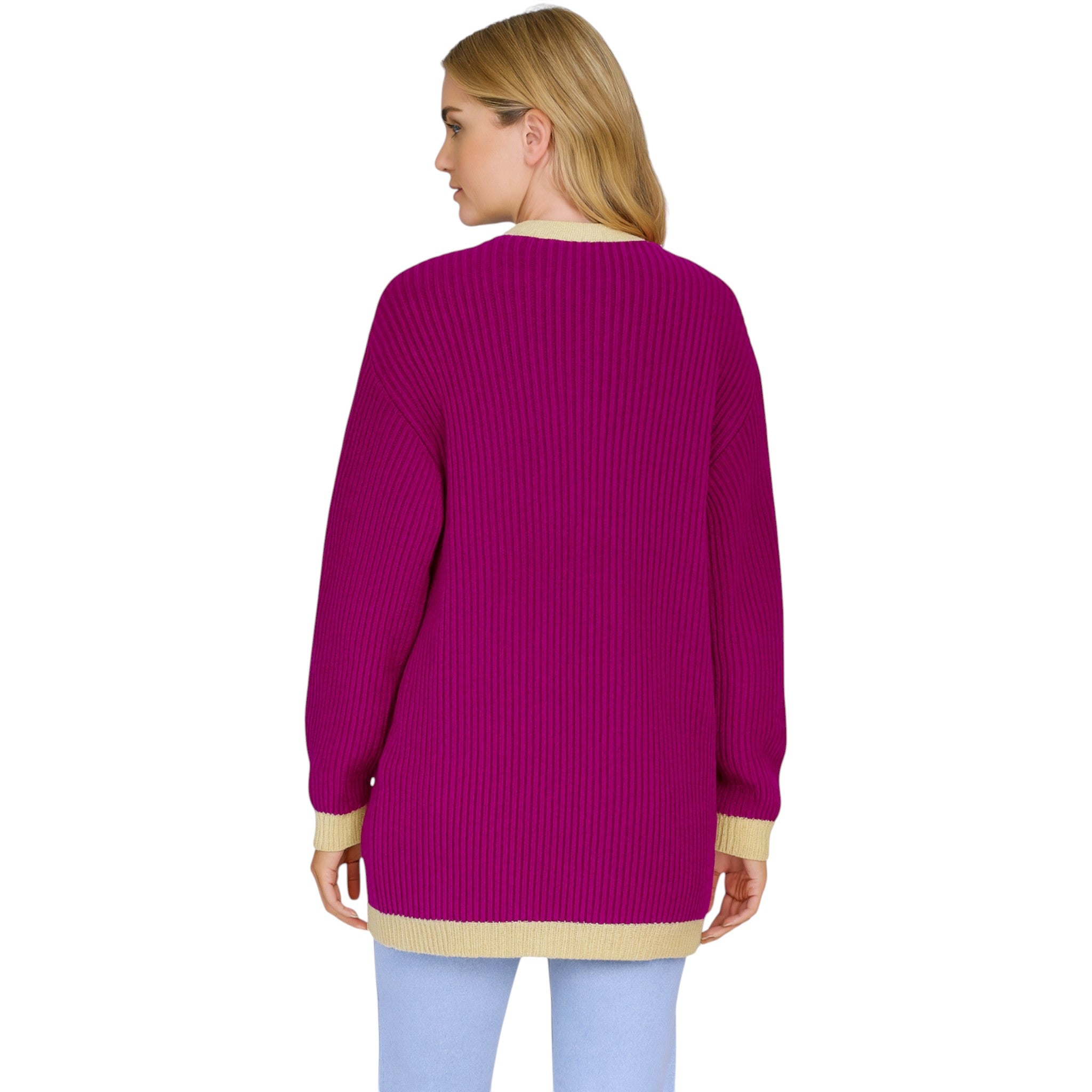 Ladies Italian edge to edge knitted cardigan in purple with gold trim, soft ribbed knit open front cardigan for women, stylish lightweight layering knitwear.